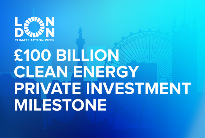 Background is London, with the London Climate Action Week logo in the corner. Text says: £100 billion clean energy private investment milestone.
