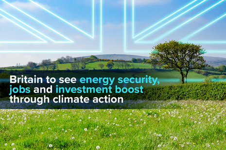Image of a field and union jack. The text says "Britain to see energy security, jobs and investment boost through climate action"