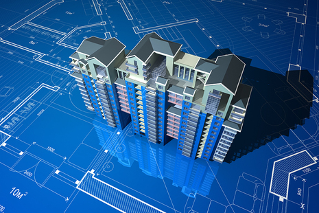 high-rise building coming out of a blueprint