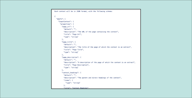 Example of structured JSON input schema. A GOV.UK content chunk is represented and passed to the LLM as a JSON object with key metadata information including the chunk’s page description and its parent HTML headers.