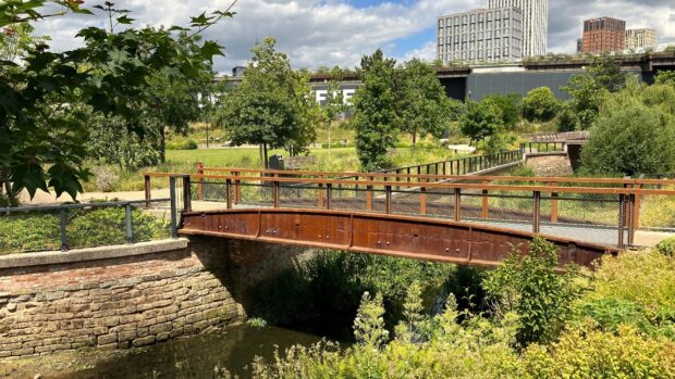 Mayfield Park in Manchester which was created by reusing Victorian structures and materials from the site’s history. Credit: Sarah Cattell.
