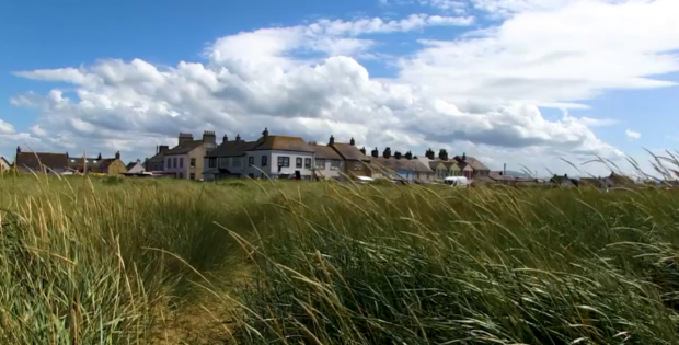 Image shows houses behind a grassy bank of the sea.
