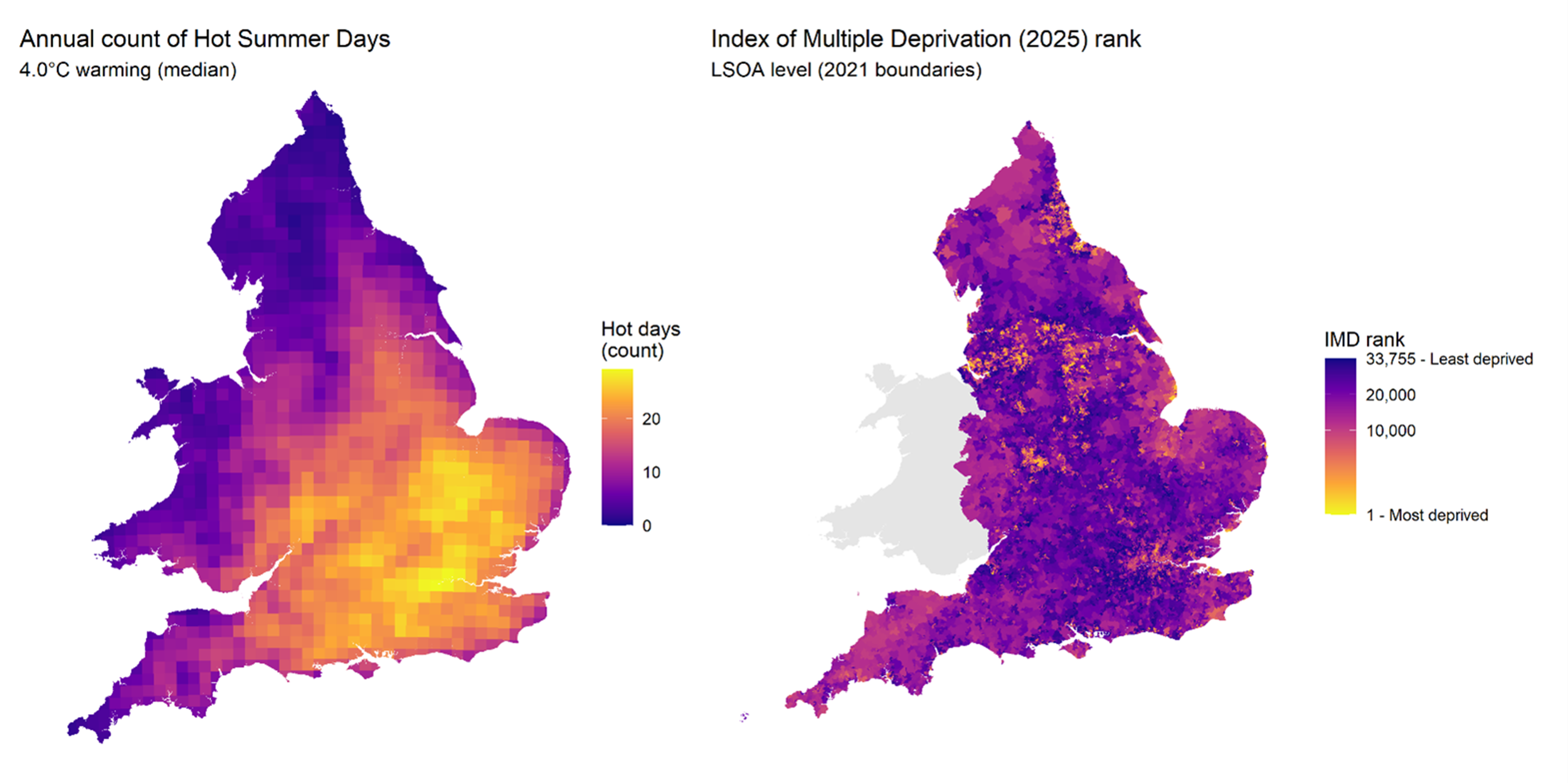 Two heat maps of the UK, showing hot summer days and areas of deprivation.