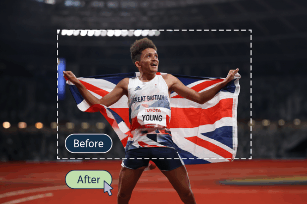 Composite image featuring an original photo at the centre (labelled ‘before’), of an athlete's upper body against a background showing stadium seating, surrounded by an image extension using an AI ‘generative fill’ that has included a running track and added the lower part of the athlete’s body (labelled after).