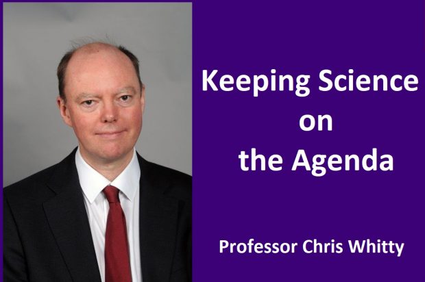 Chirs Whitty appears along side the writing: Keeping Science on the Agenda - Professor Chris Whitty