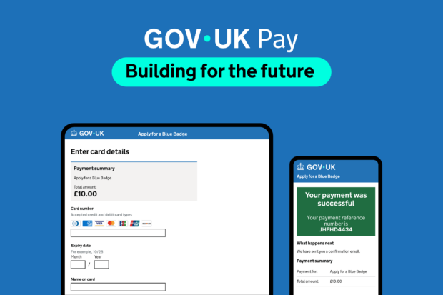 Phone and tablet screens showing a stage of the process to pay for a blue badge.