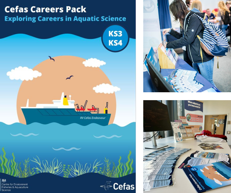 The cover of the Cefas Careers Pack showing a graphic of a research boat on a wavy sea. Two images of the Cefas careers resources being displayed at careers events.