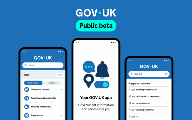 GOV.UK Public Beta. 3 mobile phones showing the GOV.UK App