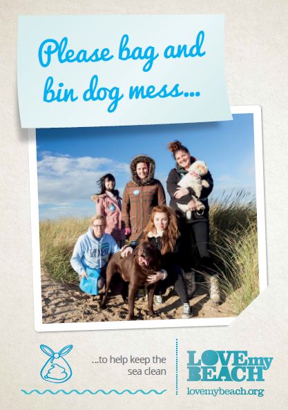 Binit4beaches campaign leaflet. "Please bag and bin dog mess to help keep the sea clean".