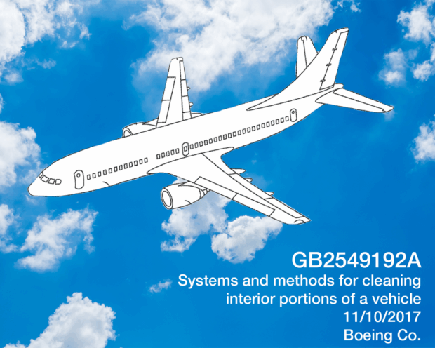 An image of the sky with patent drawing of a plane. Text reads GB2549192A Systems and methods for cleaning interior portions of a vehicle. 11/10/2017, Boeing Co.