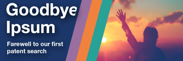 Banner proclaims "Goodbye Ipsum! Farewell to our first patent search". A silhouetted figure waves goodbye.