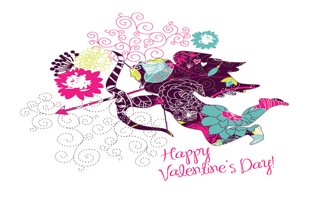 graphic of a greetings card type image with cupid and Happy Valentine's Day text.