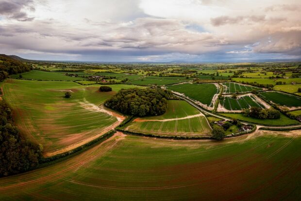 Drone image showing soil movement increased by arable agriculture.