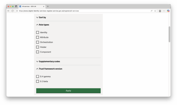 A screenshot of the available filters