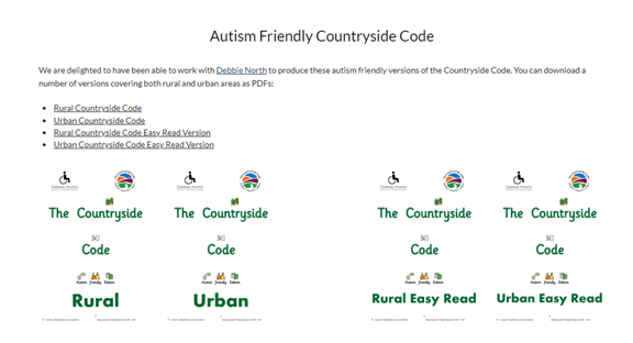 Picture shows a screenshot of the resources which are available to download on the Countryside Code website, which have been adapted to be more suitable for children and young people with Autism.