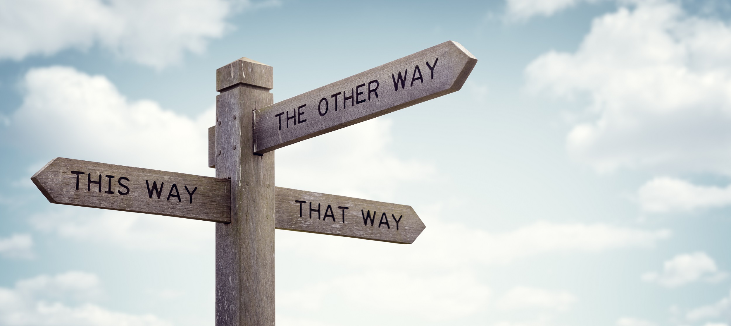 Wooden signpost with 3 directional arrows - this way, that way, the other way.