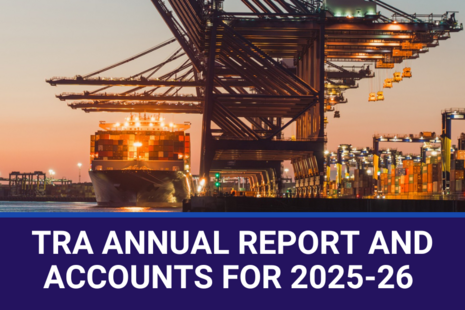 Container ship docked at a busy port at sunset, with illuminated cargo cranes overhead and the title “TRA Annual Report and Accounts for 2025-26