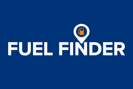 Fuel finder text on blue background with a small petrol icon