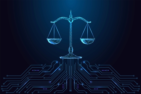 Digital scales of justice floating above circuit-board lines, symbolising AI and law integration.