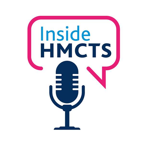 A navy blue microphone appears on a white background. Above this the outline of a pink speech bubble is seen with the words 'Inside HMCTS' displayed within.