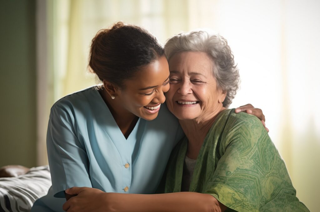 elderly mother and daughter at home