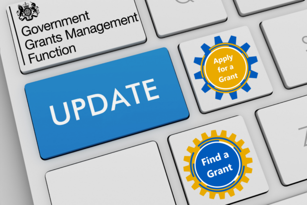 Computer keyboard, with keys replaced for a blue 'Update' announcement button, with other buttons replaced by the: Government Grant Function (GGMF), Find a Grant and Apply for a Grant logos. Illustrates the digital transformation update, to the Grants Applicant Programme, being introduced in this blog.