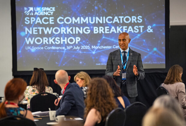 Professor Anu Ojha speaking at the Space Communicators’ Network Workshop at the UK Space Conference in Manchester. Credit: UK Space Agency / Max Alexander.