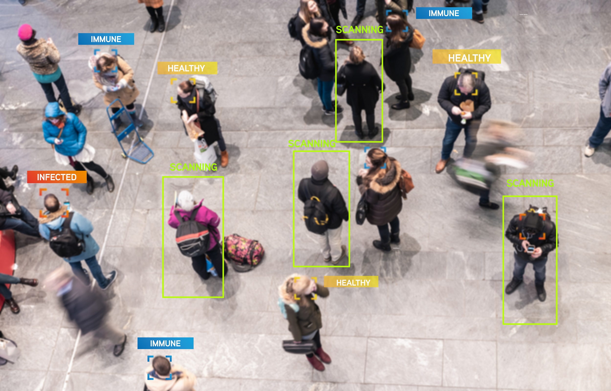 Aerial view of people who have been virtually tagged by an app scan.