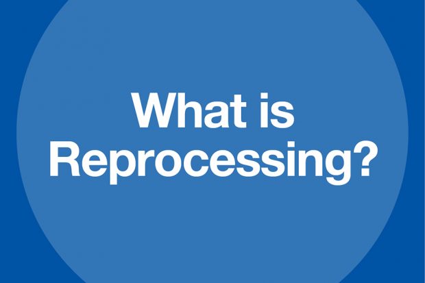 A blue poster saying 'What is reprocessing'