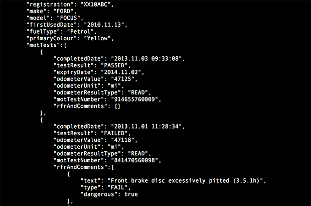 Screenshot showing an example response from the MOT API