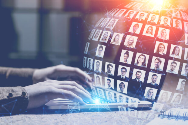 A graphic representing numerous people profiles across a digital network.