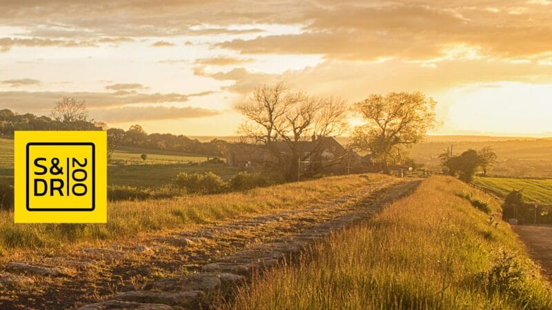 Stockton and Darlington railway track in the countryside at sunset