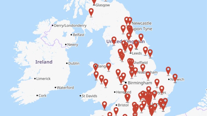 An image of the Railway 200 interactive map - the map of the U.K. with pins highlighting the event's location