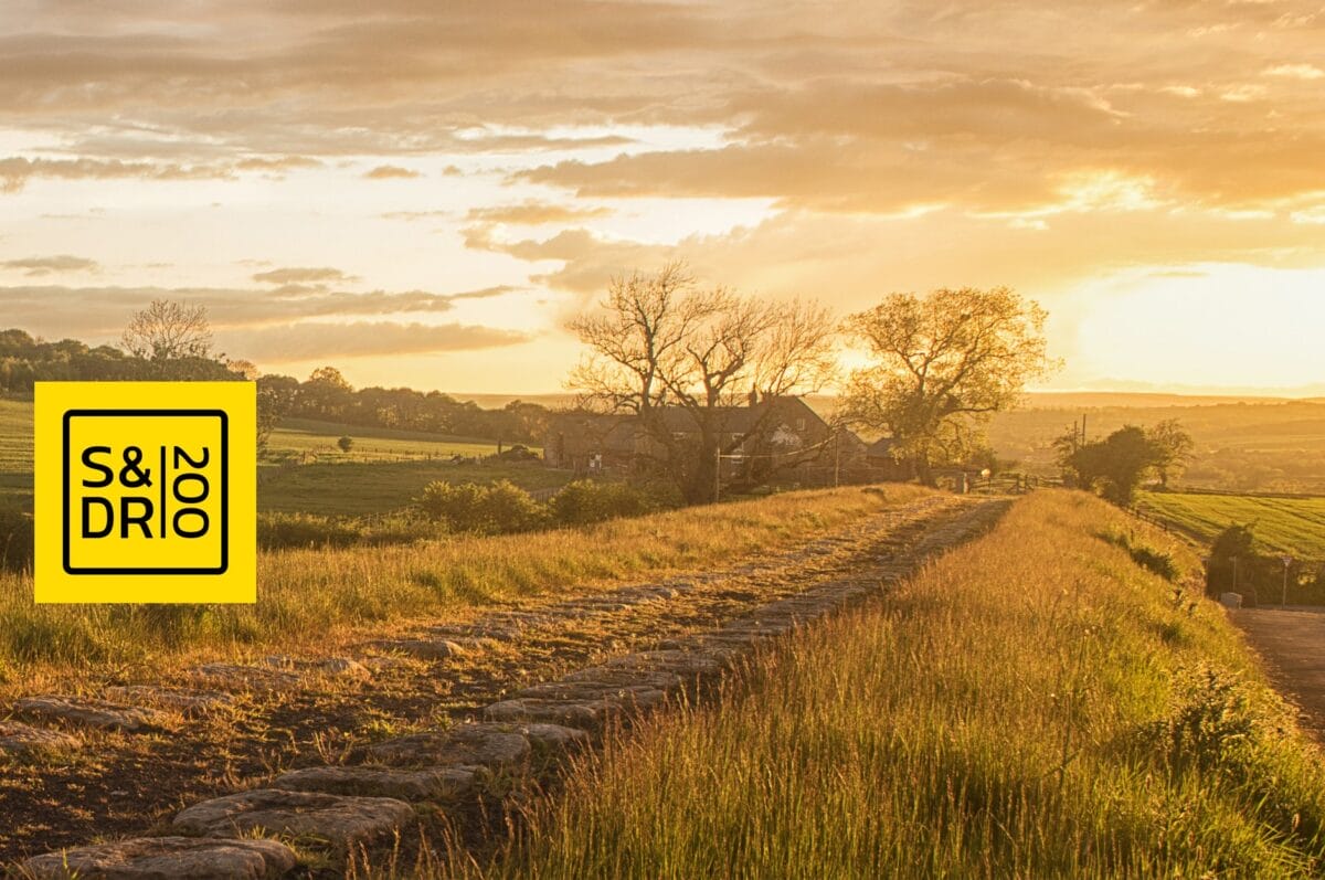Stockton and Darlington railway track in the countryside at sunset