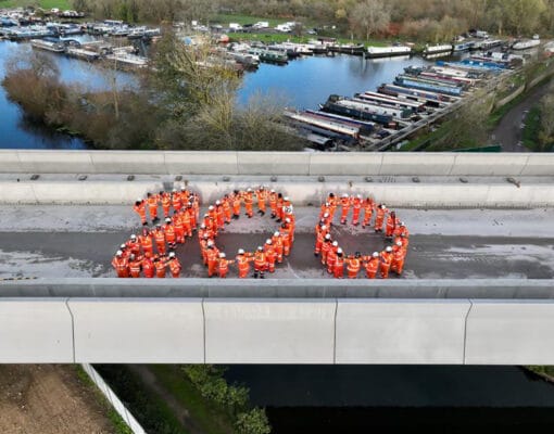 200 made of people standing on bridge, aerial view