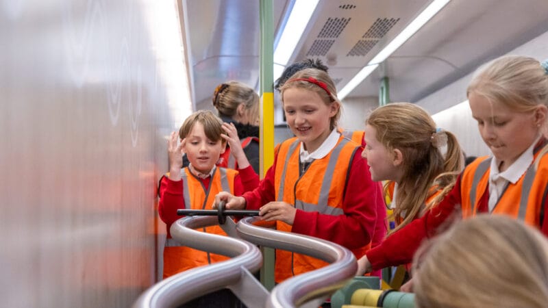 School pupils aboard Inspiration Wonderlab on wheels carriage