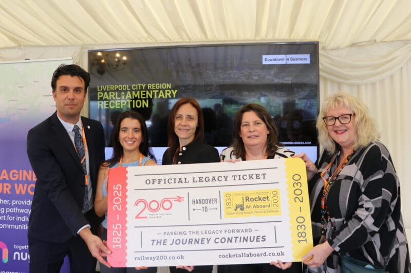 Photo of From Left, Rob Lowe, Elena Metcalf, Emma Roberts (Railway 200), Laura Pye and Karen Shannon (Rocket 2030). Photo by Downtown in Business