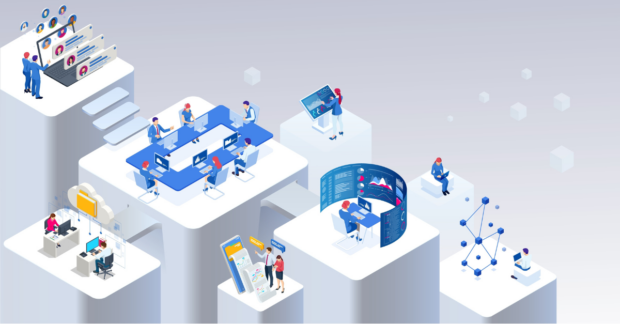Animation of people collaborating working with data on screens