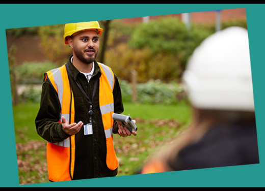 Man with hard hat - green border - card image