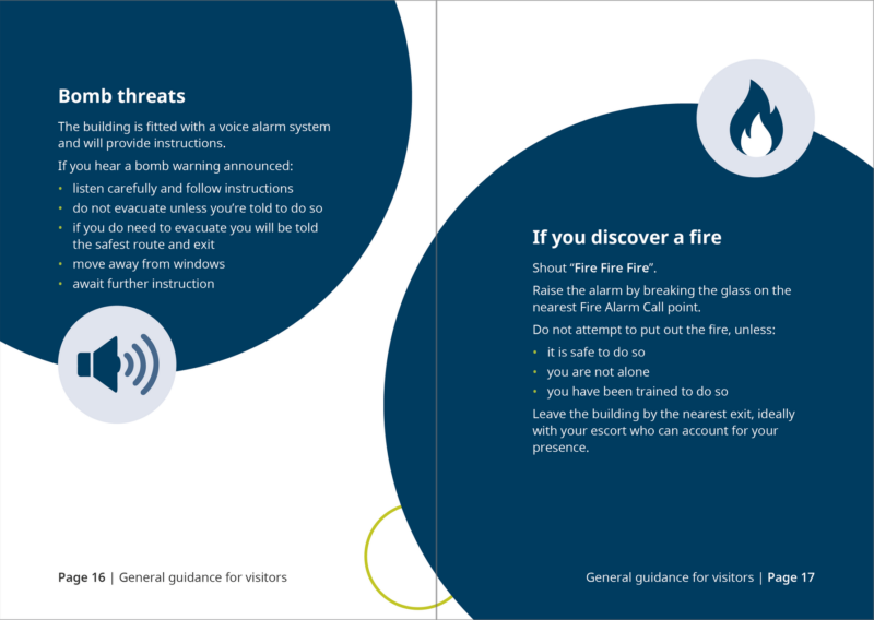Two pages of a booklet with icons set in circles next to paragraphs of text set on larger solid primary-coloured circles.
