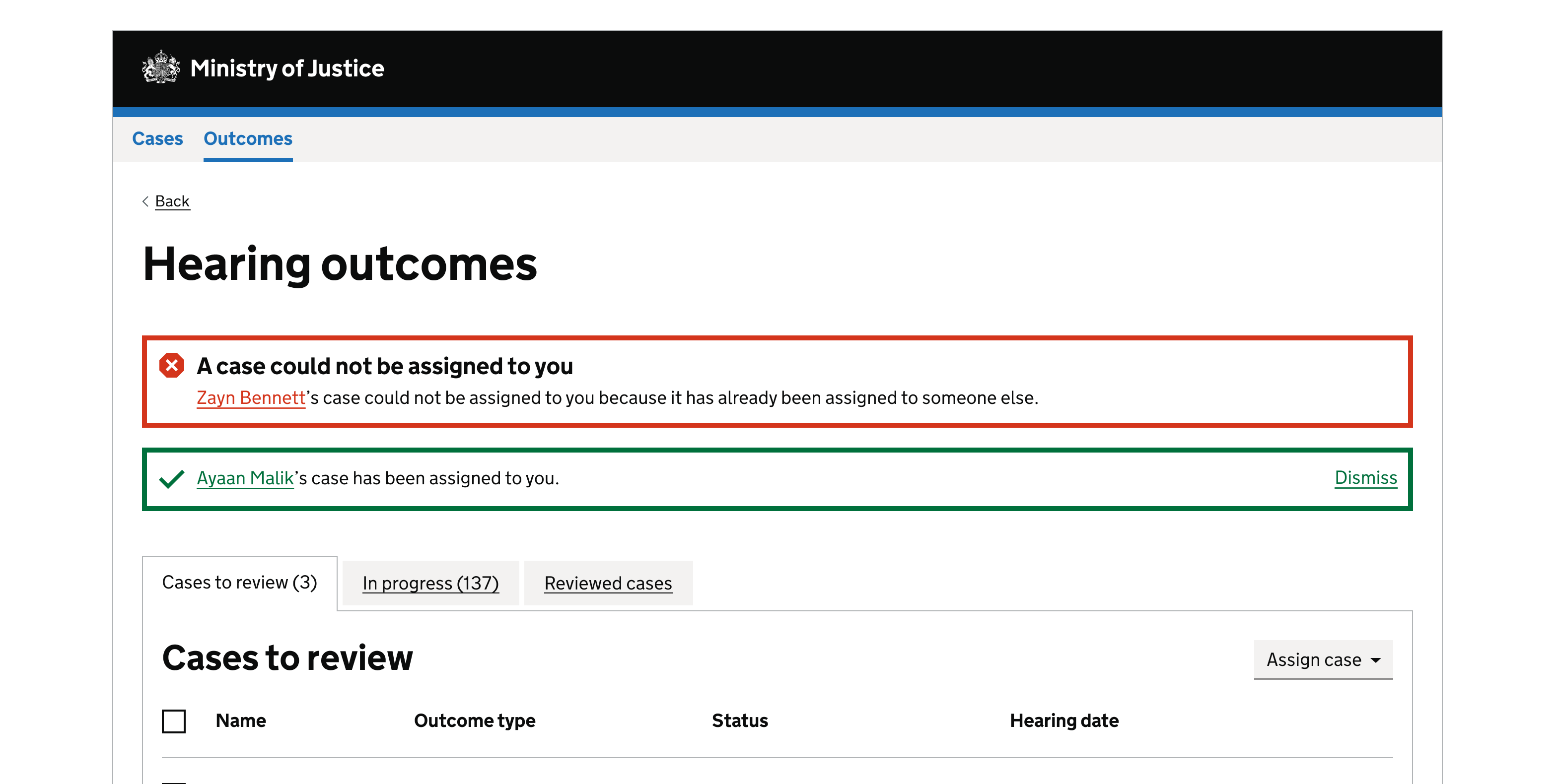 An MOJ webpage showing a success alert positioned below the heading level 1.