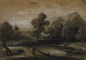 N02229 &copy; Tate Images | Wooded Mountain Landscape with Figures, Church and River