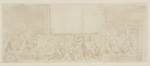 T09964 &copy; Tate Images | Design for R. Pollard's 'The Peerage of Great Britain and Ireland'; Matthew de Johnson Defeating the Earl of Douglas and Taking his Brother the Earl of Ormond Prisoner: A Border of Fighting Figures. Verso: Similar Design, Flanked by a Standing Female