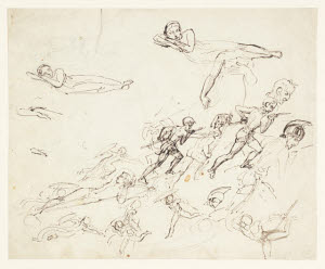T09965 &copy; Tate Images | Design for R. Pollard's 'The Peerage of Great Britain and Ireland'; Matthew de Johnson Defeating the Earl of Douglas and Taking his Brother the Earl of Ormond Prisoner: Studies of Fighting Men, Maidens with Shields, Recumbent Figures