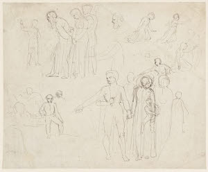 T10035 &copy; Tate Images | Sketches ?for an Illustration for the 'Surrender of Calais': Groups of Various Figures, Captives, Etc. Verso: Sketches of a Couple Embracing