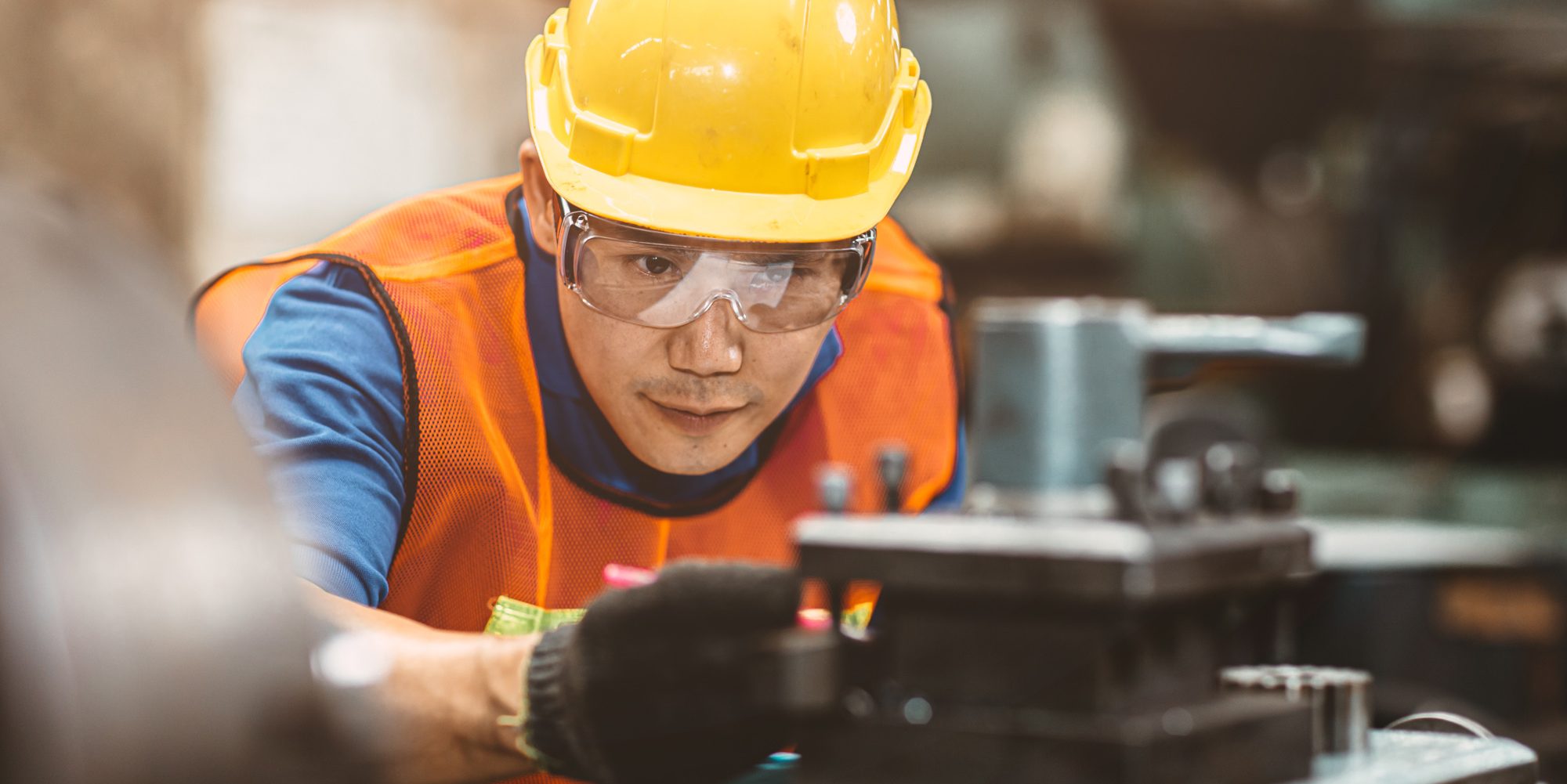 Engineer Worker Wearing Safety Suit Helmet And Eye