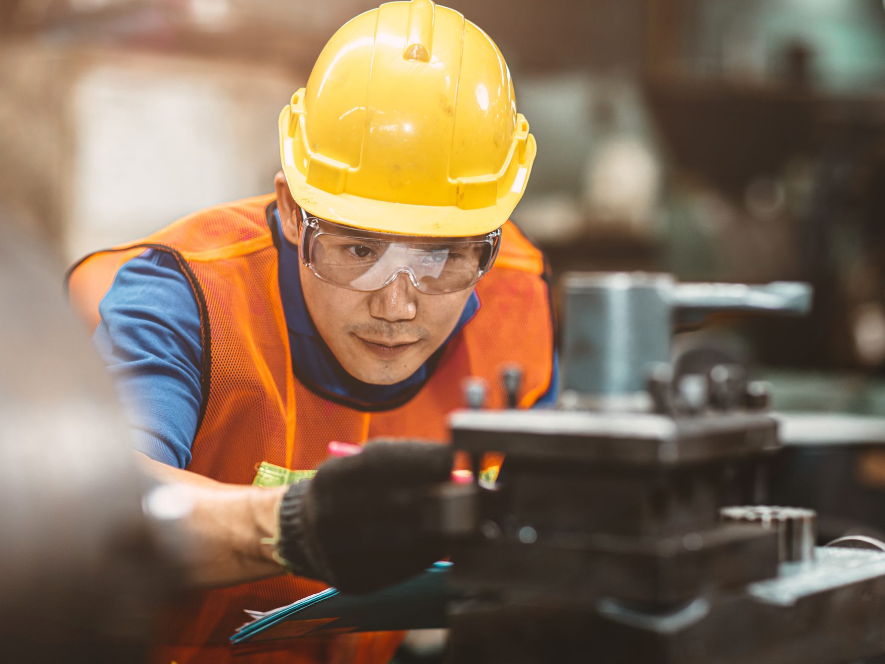 Engineer Worker Wearing Safety Suit Helmet And Eye