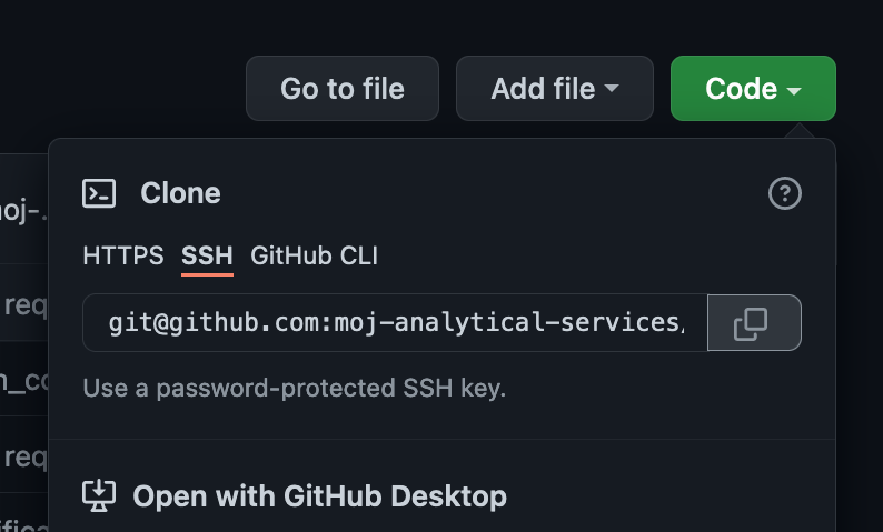 GitHub's cloning interface A button labelled 'Code' with a dropdown showing the cloning interface. The 'SSH' tab is active, and shows the first part of an SSH link. To the right of the link is a grey button with two overlapping squares.