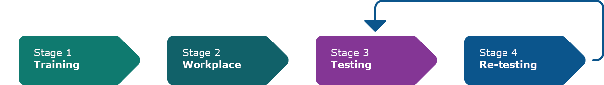 Stage 1: Training, Stage 2: Workplace, Stage 3: Testing, Stage 4: Re-testing