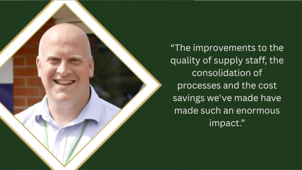 Picture of Lime Academy Trust head of finance, Ricky Barton, with a comment from him which reads: "The improvements to the quality of supply staff, the consolidation of processes and the cost savings we've made have made such an enormous impact."